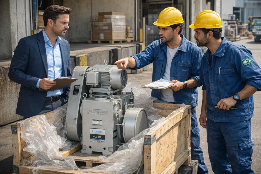 Engenheiros discutindo problemas de tradução corporativa em contrato internacional de equipamentos técnicos.